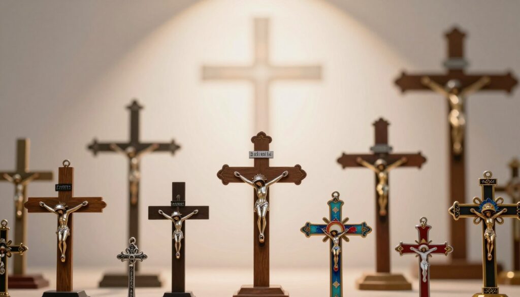 A beautifully arranged display of various types of crosses symbolizing their meanings and significance. In the foreground, showcase a collection of ornate crucifixes, including a traditional wooden cross, a delicate silver pendant, and a vibrant enamel cross, each reflecting different styles and cultures. The middle layer can feature a serene background with soft, diffused light highlighting a subtle religious iconography, such as a soft glow or subtle rays. Enhance the atmosphere with gentle bokeh effects, evoking a sense of spirituality and contemplation. The overall mood should be calm and reflective, inviting viewers to consider the diverse interpretations of these symbols, suitable for both believers and non-believers, in a tasteful and respectful manner. A beautifully arranged display of various types of crosses symbolizing their meanings and significance. In the foreground, showcase a collection of ornate crucifixes, including a traditional wooden cross, a delicate silver pendant, and a vibrant enamel cross, each reflecting different styles and cultures. The middle layer can feature a serene background with soft, diffused light highlighting a subtle religious iconography, such as a soft glow or subtle rays. Enhance the atmosphere with gentle bokeh effects, evoking a sense of spirituality and contemplation. The overall mood should be calm and reflective, inviting viewers to consider the diverse interpretations of these symbols, suitable for both believers and non-believers, in a tasteful and respectful manner.