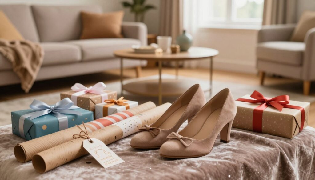 A beautifully arranged scene showcasing a pair of stylish shoes in the foreground, delicately presented on a soft velvet fabric. Surround it with a tasteful selection of gift-wrapping materials — colorful ribbons, elegant wrapping paper, and decorative tags, hinting at the joy of gifting. In the middle ground, a warm, inviting living room is visible, with a cozy sofa and a tastefully decorated coffee table, creating an intimate atmosphere. The background features a soft-focus window letting in warm, natural light, enhancing the ambiance. The overall mood is festive and celebratory, symbolizing the joy of giving despite traditional superstitions. Capture the scene with a slight overhead angle for depth, using soft, diffused lighting to create a harmonious and inviting image.