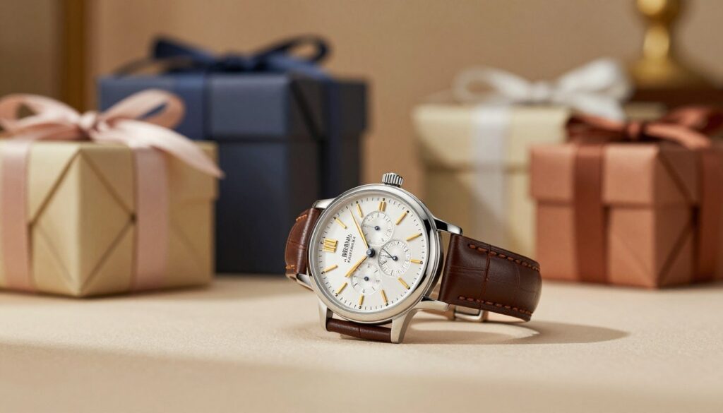 A beautifully designed wristwatch with a classic leather strap sits prominently in the foreground, showcasing its intricate details and elegant face. The watch displays a blend of modern and traditional elements, featuring silver and gold accents. In the middle ground, a softly blurred arrangement of gift-wrapped boxes in various sizes, hinting at special occasions. The background is a warm, softly lit room with elegant decor, creating an inviting atmosphere. This scene evokes a feeling of thoughtfulness and celebration. The lighting is gentle and warm, enhancing the watch’s details and creating a cozy environment. Capture this moment at a slight angle to provide depth, focusing on the watch as the centerpiece of the image, symbolizing the perfect gift for a loved one.