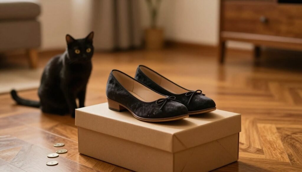 A beautifully wrapped gift box containing elegant, traditional shoes sits prominently in the foreground, highlighted with soft golden lighting that suggests warmth and thoughtfulness. In the middle ground, smooth, polished wooden floors add a touch of richness to the scene, while objects symbolizing superstition—such as a small, decorative black cat and a few scattered coins—are subtly placed around the box, hinting at the cultural beliefs tied to gifting shoes. The background features a softly blurred home interior with warm hues, evoking a cozy, inviting atmosphere. The scene conveys a sense of contemplation about the cultural implications of gifting shoes, fostering an air of curiosity and respect for tradition. Use a shallow depth of field to focus on the shoes and the gift box while gently blurring the background.