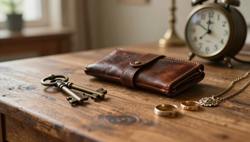 A close-up composition featuring a rustic wooden table with four symbolic items: a set of intricate, antique keys symbolizing control; an elegant leather wallet representing financial stability; delicate jewelry pieces like necklaces and rings, signifying personal value; and an ornate clock displaying a time that suggests change and transition. The foreground focuses on the details of these objects, beautifully lit by warm, soft lighting to evoke a sense of nostalgia and mystery. In the background, blurred, soft hues of an inviting home environment create an atmosphere of contemplation. The overall mood captures the themes of superstition and the significance of falling objects, inviting viewers to reflect on their meanings.