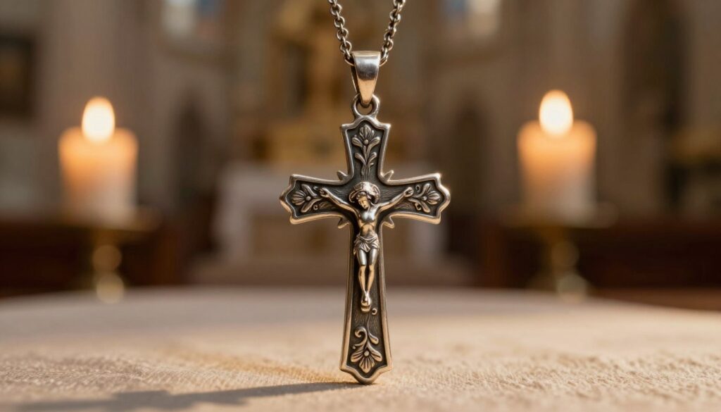 A close-up image of a beautifully crafted, consecrated cross pendant hanging from a delicate chain, glistening softly in the light. The cross, made of aged silver with intricate engravings, features delicate floral motifs that reflect its sacred nature. In the foreground, the pendant is prominently displayed, casting subtle shadows on a soft, textured fabric beneath it. In the background, a softly blurred church interior is visible, with warm candlelight flickering, creating an atmosphere of reverence and spirituality. The lighting is warm and golden, highlighting the details of the cross, while maintaining a serene and contemplative mood. The image captures the essence of protection and belief associated with wearing a sacred symbol. A close-up image of a beautifully crafted, consecrated cross pendant hanging from a delicate chain, glistening softly in the light. The cross, made of aged silver with intricate engravings, features delicate floral motifs that reflect its sacred nature. In the foreground, the pendant is prominently displayed, casting subtle shadows on a soft, textured fabric beneath it. In the background, a softly blurred church interior is visible, with warm candlelight flickering, creating an atmosphere of reverence and spirituality. The lighting is warm and golden, highlighting the details of the cross, while maintaining a serene and contemplative mood. The image captures the essence of protection and belief associated with wearing a sacred symbol.