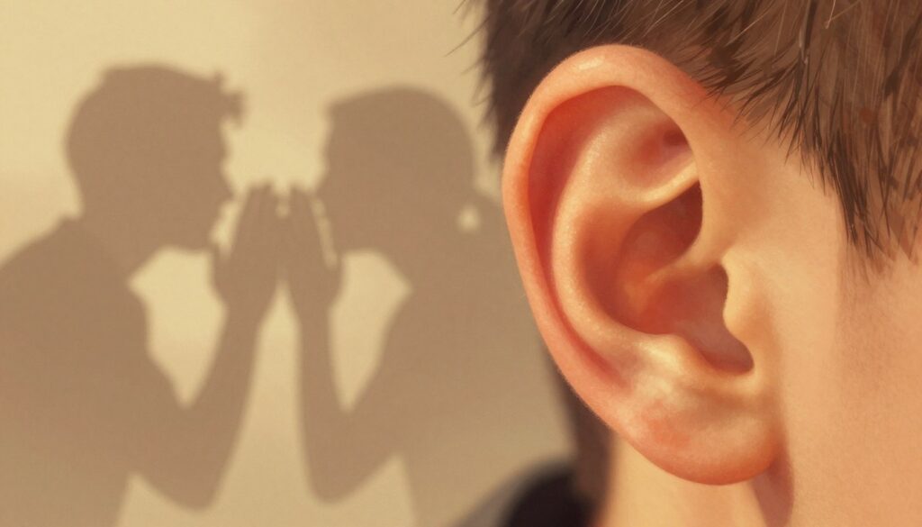A close-up of a human ear on the right side, vividly illustrated to convey the feeling of warmth and a slight glow, symbolizing the sensation of "burning." The ear is detailed, capturing the texture of the skin, with subtle highlights reflecting a light source from the front, casting soft shadows to emphasize its contours. In the background, a blurred out image of whispers or muted conversations, represented by hazy silhouettes of people engaging in conversation, suggesting gossip and envy. The color palette should be warm, with soft golds and oranges predominating, creating an atmosphere of intrigue and secrecy. The image should evoke a sense of wonder and curiosity, embodying the essence of superstitions surrounding the right ear. A close-up of a human ear on the right side, vividly illustrated to convey the feeling of warmth and a slight glow, symbolizing the sensation of "burning." The ear is detailed, capturing the texture of the skin, with subtle highlights reflecting a light source from the front, casting soft shadows to emphasize its contours. In the background, a blurred out image of whispers or muted conversations, represented by hazy silhouettes of people engaging in conversation, suggesting gossip and envy. The color palette should be warm, with soft golds and oranges predominating, creating an atmosphere of intrigue and secrecy. The image should evoke a sense of wonder and curiosity, embodying the essence of superstitions surrounding the right ear.