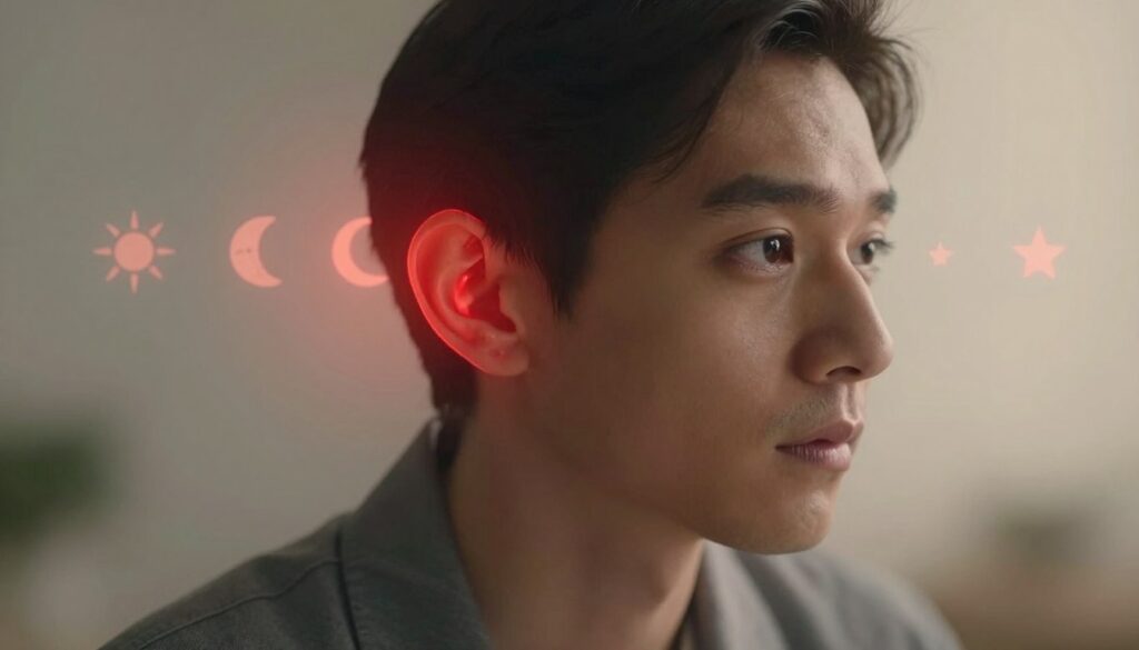 A close-up of a pair of human ears glowing slightly red, symbolizing the age-old superstition of “twitching ears.” The ears are surrounded by a soft, atmospheric light with a hint of mystique, representing different days of the week. In the background, subtly faded symbols of each day—like a sun for Monday, a moon for Wednesday, and stars for Saturday—are integrated into a dreamlike environment. The image features a professional individual in modest casual attire, gazing thoughtfully at the glowing ears, suggesting curiosity and wonder. The lighting is warm and inviting, creating an ethereal mood, while a soft focus lens technique enhances the intimate, mysterious atmosphere of the scene.