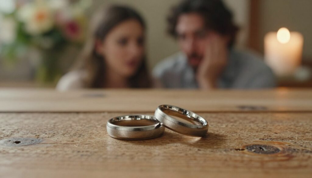 A close-up of a pair of wedding rings on a beautiful, rustic wooden table, with one ring slightly tilted as if it has just been accidentally displaced. The soft, warm lighting highlights the delicate details of the rings, emphasizing their texture and shine. In the background, out of focus, a couple can be seen in casual attire, looking anxious as they search for the lost ring, adding a sense of urgency. Surrounding them are hints of a romantic setting, like a soft, blurred bouquet of flowers and a candle flickering in the dim light. The overall atmosphere conveys a mix of nostalgia and concern, emphasizing the significance of the rings in the context of marriage and superstition.