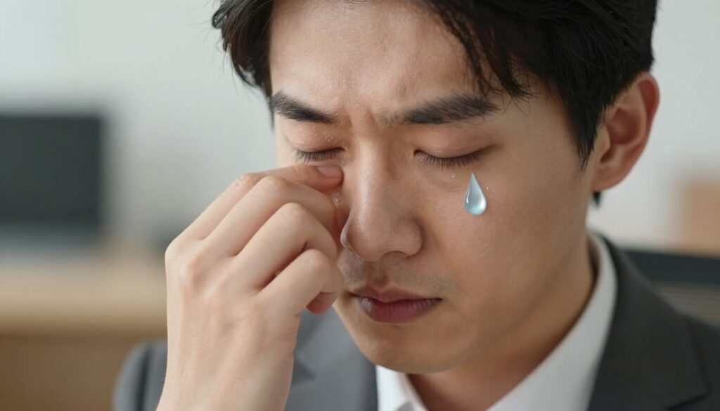 A close-up of a person with a focused expression, gently rubbing their left eye, conveying a sense of curiosity and contemplation. The individual should be dressed in professional business attire, set against a softly blurred backdrop of an office environment. Warm, natural lighting enhances the scene, highlighting the delicate features of their face, particularly the eye that is being touched. Floating tear-shaped graphics subtly suggest the concept of "ocean of tears" nearby, resonating with traditional beliefs and superstitions about eye itching. The atmosphere should evoke a blend of intrigue and introspection, inviting the viewer to ponder the deeper meanings behind this simple action. A close-up of a person with a focused expression, gently rubbing their left eye, conveying a sense of curiosity and contemplation. The individual should be dressed in professional business attire, set against a softly blurred backdrop of an office environment. Warm, natural lighting enhances the scene, highlighting the delicate features of their face, particularly the eye that is being touched. Floating tear-shaped graphics subtly suggest the concept of "ocean of tears" nearby, resonating with traditional beliefs and superstitions about eye itching. The atmosphere should evoke a blend of intrigue and introspection, inviting the viewer to ponder the deeper meanings behind this simple action.
