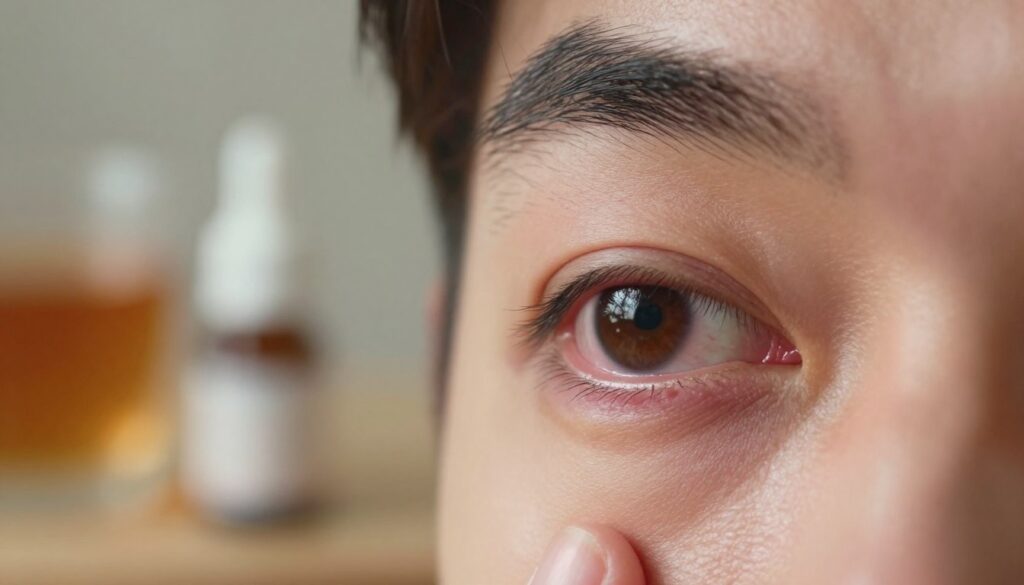 A close-up of a person's right eye, showing signs of mild irritation and redness around the eyelid. The eye is focused in sharp detail, with light reflecting off its surface, creating a glistening effect. The skin surrounding the eye appears slightly puffy, highlighting the discomfort of itching. In the background, soft, blurred shapes of eye care products like eye drops and a soothing herbal tea can be seen to signify relief. The lighting is warm and comforting, enhancing the intimate mood of self-care and health awareness. The overall composition should evoke a sense of curiosity and understanding about the medical reasons behind eye itching, set in a serene, calming environment. A close-up of a person's right eye, showing signs of mild irritation and redness around the eyelid. The eye is focused in sharp detail, with light reflecting off its surface, creating a glistening effect. The skin surrounding the eye appears slightly puffy, highlighting the discomfort of itching. In the background, soft, blurred shapes of eye care products like eye drops and a soothing herbal tea can be seen to signify relief. The lighting is warm and comforting, enhancing the intimate mood of self-care and health awareness. The overall composition should evoke a sense of curiosity and understanding about the medical reasons behind eye itching, set in a serene, calming environment.