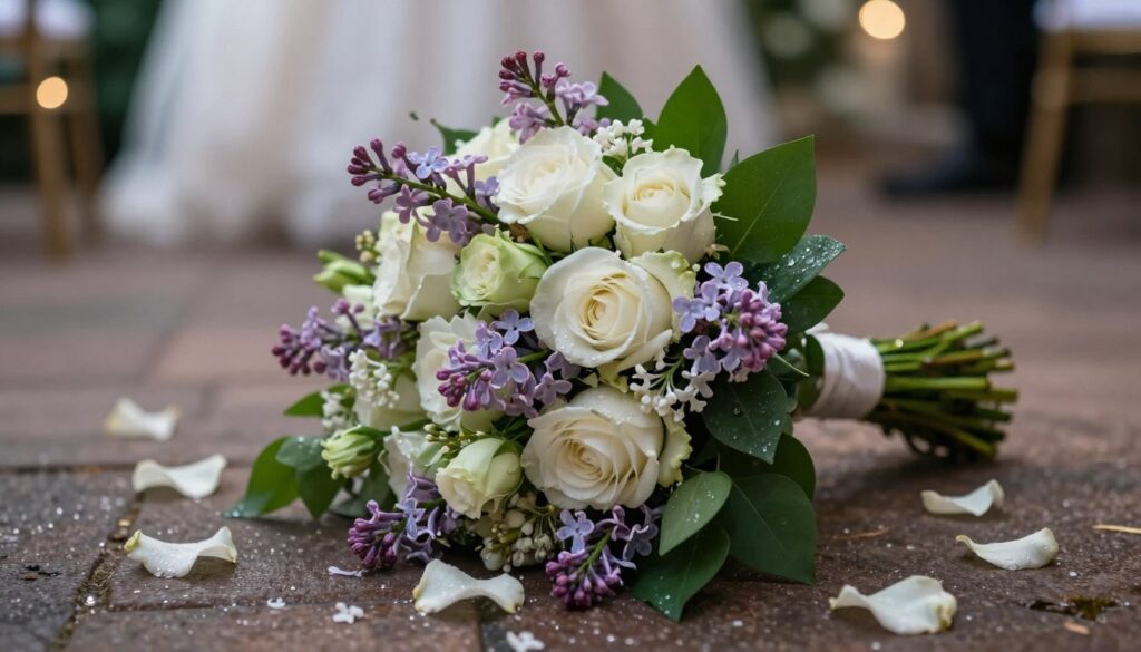 A close-up of a vibrant wedding bouquet lying on the ground, with loose petals scattered around it symbolizing superstition. The bouquet should feature a mix of white roses, delicate lilacs, and deep green foliage, all glistening with morning dew. The lighting should be soft and ethereal, casting gentle shadows that enhance the colors and textures of the flowers. In the background, a blurred wedding venue hints at romantic decor, like fairy lights and soft drapery, subtly out of focus to keep the attention on the bouquet. The overall mood should evoke a sense of mystery and contemplation, illustrating the theme of luck and misfortune associated with fallen wedding bouquets.