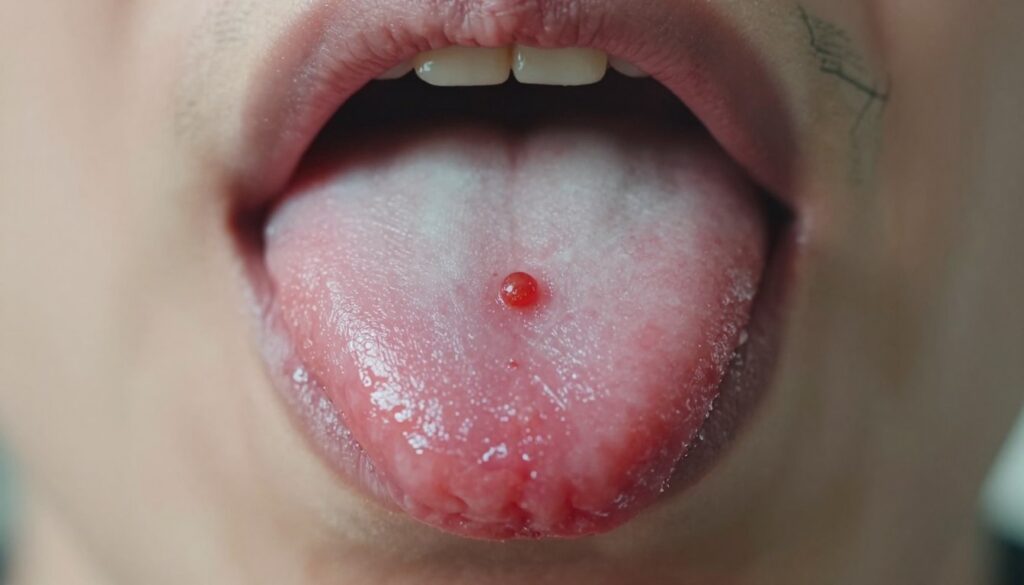 A close-up view of a human tongue displaying a small red bump or pimple, representing traditional beliefs about its significance. The tongue is shown prominently in the foreground, with intricate textures and details, reflecting its natural color and moistness. Soft, diffused lighting highlights the bump while creating gentle shadows for depth. In the background, a blurred anatomical diagram of the tongue can be seen, subtly emphasizing traditional beliefs and the impact of location on interpretation. The atmosphere is one of intrigue and curiosity, capturing the viewer's attention to the mystery surrounding superstitions linked to bodily signs. The perspective is from slightly above, creating an engaging angle for the viewer’s exploration.