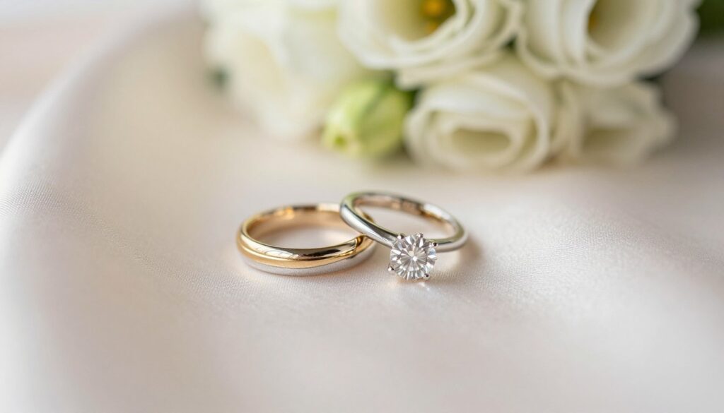 A close-up view of elegantly designed wedding rings and an engagement ring, arranged artistically on a soft silk fabric background that suggests luxury and romance. The wedding bands should be intertwined, showcasing a mix of gold and platinum. The engagement ring should feature a sparkling diamond at the center, brilliant enough to catch the light. Soft, diffused lighting enhances the shine of the rings, casting gentle reflections on the fabric. In the background, a blurred soft-focus bouquet of white flowers creates an ethereal atmosphere, symbolizing love and tradition. The overall mood conveys a sense of hope and superstition associated with wedding rings, inviting curiosity about their significance in marital customs.