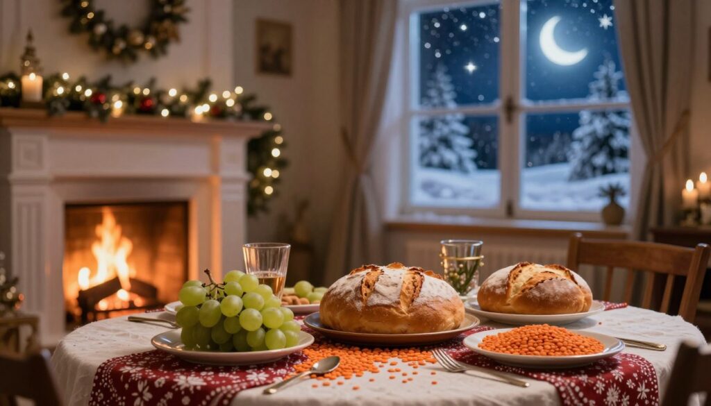 A cozy New Year’s Eve setting featuring a festive table adorned with traditional holiday decor. In the foreground, a beautifully set table filled with symbolic foods like lentils, grapes, and a round loaf of bread, each representing prosperity and fortune. In the middle ground, a decorated fireplace with soft, warm lighting that casts a gentle glow around the room. In the background, a window reveals a frosty night sky, with glittering stars and a crescent moon, creating an atmosphere of magic and hope. The mood is warm and inviting, evoking feelings of anticipation and a fresh start. No people are present, focusing instead on the rich textures and vibrant colors of the festive decorations.