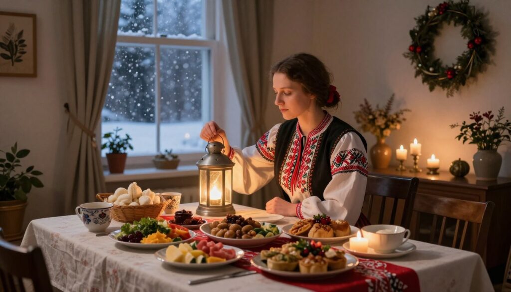 A cozy, inviting room filled with symbolic New Year's superstitions representative of Polish culture. In the foreground, a beautifully set table with traditional foods, such as a twelve-dish feast, adorned with festive decorations. In the middle, a person dressed in modest, traditional clothing, thoughtfully examining a small, glowing lantern, symbolizing hope and new beginnings. The background features a window with snow gently falling outside, casting soft, warm light throughout the space. The atmosphere is serene and contemplative, evoking a sense of anticipation for the year ahead. The scene captures the essence of Polish New Year’s traditions, entwined with belief and hope, as twilight deepens.