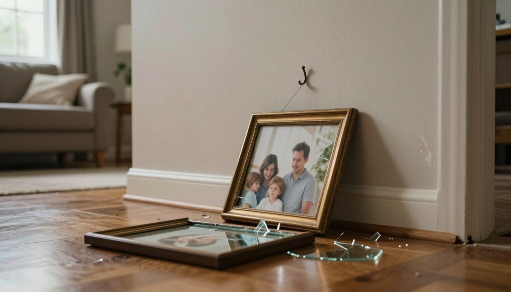 A detailed scene depicting a family living room where a picture frame has just fallen from the wall. In the foreground, the shattered glass of the frame is scattered on a polished wooden floor, reflecting light. The picture within the frame illustrates a serene family moment, adding a sense of nostalgia and warmth to the image. In the middle, the wall shows faded paint and a small, empty hook where the frame once hung, hinting at a sudden disturbance. In the background, soft ambient lighting from a window casts gentle shadows, creating a calm yet slightly tense atmosphere. The mood conveys an unsettling mixture of normalcy and disruption, inviting the viewer to ponder the significance of such an event in family life.