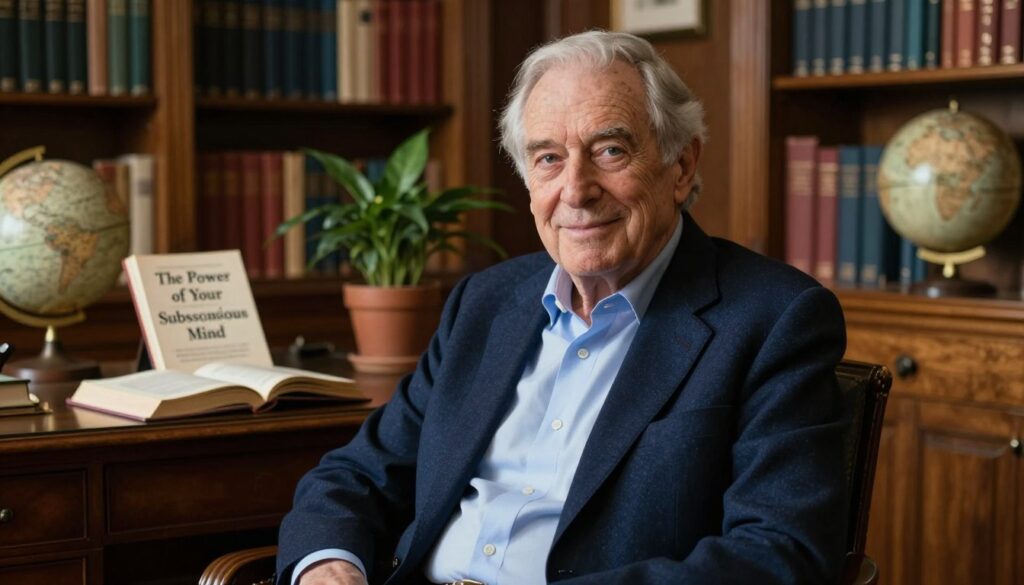 A distinguished elderly man, Joseph Murphy, with silver hair and a kind expression, seated in a classic library filled with shelves of books on psychology and self-help. He is wearing a tailored navy blazer and a light blue shirt, embodying professional elegance. Warm, soft lighting illuminates his face, creating a serene atmosphere that exudes wisdom and inspiration. In the background, a vintage desk holds an open book titled "The Power of Your Subconscious Mind," surrounded by a few potted plants and a globe, enhancing the scholarly context. The composition employs a shallow depth of field to focus on Murphy while the library's rich wooden textures provide a cozy, intellectual ambiance. A distinguished elderly man, Joseph Murphy, with silver hair and a kind expression, seated in a classic library filled with shelves of books on psychology and self-help. He is wearing a tailored navy blazer and a light blue shirt, embodying professional elegance. Warm, soft lighting illuminates his face, creating a serene atmosphere that exudes wisdom and inspiration. In the background, a vintage desk holds an open book titled "The Power of Your Subconscious Mind," surrounded by a few potted plants and a globe, enhancing the scholarly context. The composition employs a shallow depth of field to focus on Murphy while the library's rich wooden textures provide a cozy, intellectual ambiance.