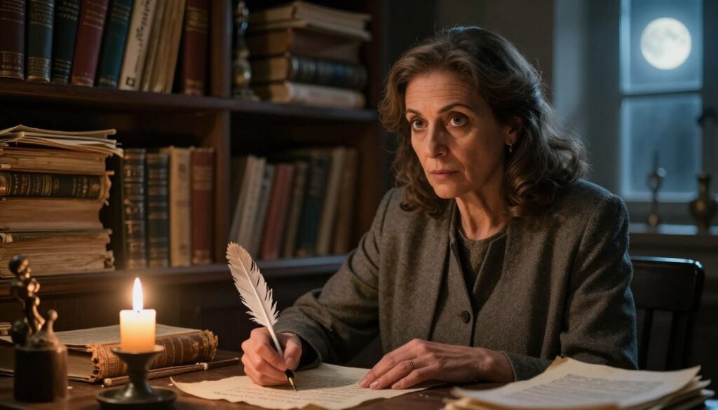 A historical setting depicting Fula Horak in a quaint study filled with ancient books and parchments, symbolizing her prophetic insights. In the foreground, present a wise, middle-aged woman with an intense gaze, dressed in modest, professional attire, as she writes with a quill on a parchment. Surround her with shelves overflowing with old books and manuscripts, hinting at various predictions. The middle layer should feature a glowing candle on the table casting soft light, creating a warm, inviting atmosphere. The background shows a window with moonlight streaming in, suggesting a mystical connection to her prophecies. Capture the mood of intrigue and wisdom, ensuring the lighting is soft and atmospheric, with a slight focus on the woman’s contemplative expression.