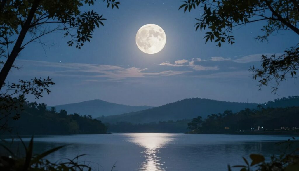 A luminous full moon rises majestically in a clear night sky, casting a serene glow over a tranquil landscape. In the foreground, delicate silhouettes of trees frame the scene, their leaves gently rustling in an evening breeze. The middle ground features a serene lake, perfectly reflecting the moon's brilliant light, creating a sense of harmony and peace. In the background, softly rolling hills fade into a misty blue, enhancing the ethereal quality of the atmosphere. The sky is dotted with twinkling stars, while wisps of clouds drift lazily to add depth. The overall mood is tranquil and mystical, evoking feelings of introspection and emotional clarity, perfect for the themes of energy and ritual during the full moon. Use soft, natural lighting to enhance the magical ambiance.