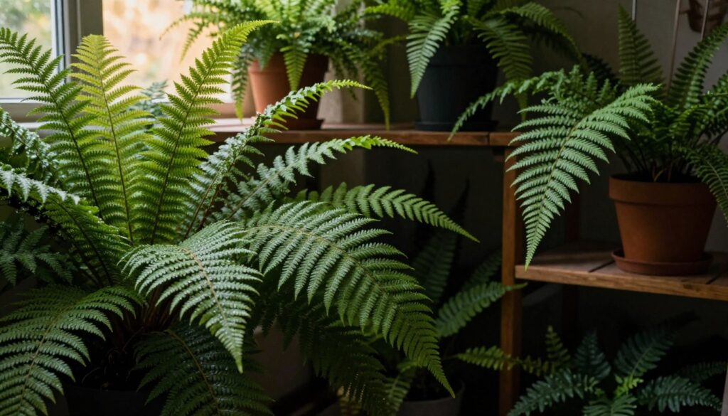 A lush, green fern sanctuary, showcasing several varieties of ferns—vibrant, feathery leaves, including delicate maidenhair and bold ostrich ferns. In the foreground, a close-up focus on dew-kissed fronds, highlighting their intricate textures. The middle ground features wooden shelves adorned with potted ferns, evoking a sense of home and cultural significance. In the background, subtle hints of a soft, filtered sunlight pouring through a window, casting a warm, inviting glow across the scene. The atmosphere is serene and contemplative, capturing an air of tranquility and respect for the symbolism of ferns in various European cultures. The overall composition should evoke a sense of harmony with nature and the low-key elegance of indoor plant life, perfect for illustrating cultural beliefs surrounding ferns.