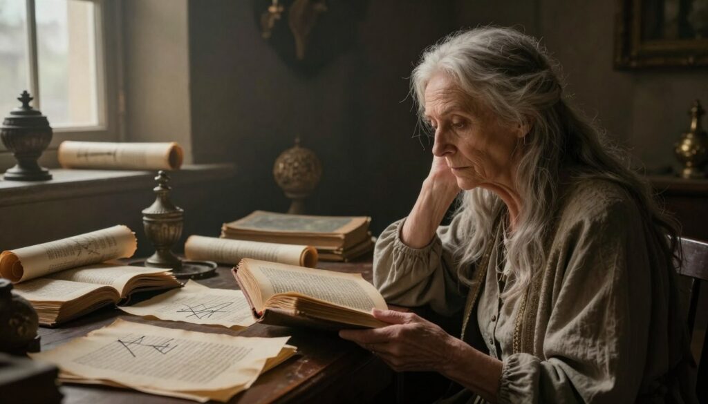 A mystical and atmospheric scene depicting a dimly lit room filled with open books and scrolls, illustrating the theme of failed prophecies. In the foreground, a wise-looking elderly woman with long gray hair, dressed in simple yet elegant attire, studies a dusty tome, her expression contemplative and serious. In the middle, scattered papers with faded ink show crossed-out predictions, symbolizing the unreliable nature of prophecies. The background features a wall adorned with ancient relics and faint light filtering through a window, casting soft shadows. The atmosphere is somber yet intriguing, evoking a sense of curiosity about the past and the nature of foresight. Use soft, warm lighting to enhance the mood, conveying the importance of skepticism in interpretation.