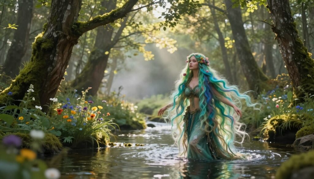 A mystical forest scene depicting a Slavic fairy, a rusalki, with vibrant, flowing hair symbolizing folklore and rituals. In the foreground, the rusalki stands gracefully by a tranquil river, her hair cascading like a waterfall of colors—greens, blues, and hints of floral accents. Her expression is ethereal and enchanting, surrounded by soft beams of sunlight filtering through lush leaves. In the middle ground, wildflowers bloom alongside the water, adding splashes of color and enhancing the magical atmosphere. The background features towering trees draped in soft moss, with a hint of fog creating a dreamlike ambiance. The overall mood is serene yet mystical, inviting viewers into the world of Slavic folklore. The lighting is soft and warm, highlighting the intricate details of the landscape. A mystical forest scene depicting a Slavic fairy, a rusalki, with vibrant, flowing hair symbolizing folklore and rituals. In the foreground, the rusalki stands gracefully by a tranquil river, her hair cascading like a waterfall of colors—greens, blues, and hints of floral accents. Her expression is ethereal and enchanting, surrounded by soft beams of sunlight filtering through lush leaves. In the middle ground, wildflowers bloom alongside the water, adding splashes of color and enhancing the magical atmosphere. The background features towering trees draped in soft moss, with a hint of fog creating a dreamlike ambiance. The overall mood is serene yet mystical, inviting viewers into the world of Slavic folklore. The lighting is soft and warm, highlighting the intricate details of the landscape.
