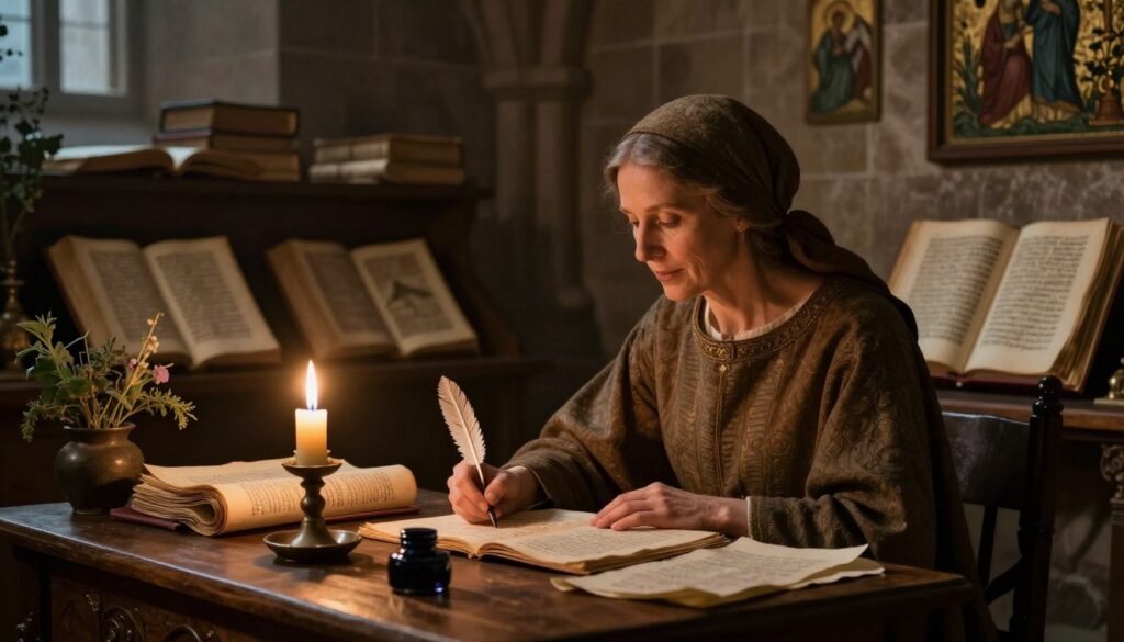 A mystical interpretation of Saint Hildegard of Bingen surrounded by ancient manuscripts in a dimly lit monastery. In the foreground, Saint Hildegard, a middle-aged woman in modest medieval attire, sits at a wooden desk, her wise expression illuminated by a soft candlelight. She is deeply engrossed in writing, quill in hand, with scrolls and ink pots scattered around her. In the middle ground, shelves filled with other ancient texts and herbal plants hint at her knowledge of medicine and prophecy. The background features stone walls adorned with religious icons, creating an ethereal atmosphere. The mood is contemplative and reverent, evoking the importance of her visions and writings. Soft shadows play throughout the room, enhancing the sense of a sacred space devoted to wisdom and reflection.