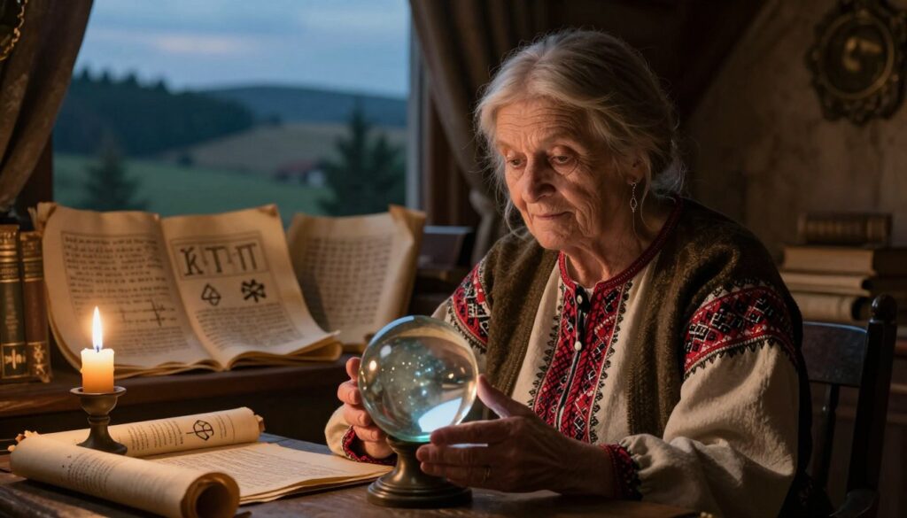 A mystical scene depicting Fula Horak as a wise, elderly woman seated in a quaint, candle-lit room filled with ancient scrolls and books. In the foreground, she is shown gazing contemplatively into a crystal ball, her expression serene yet profound. Her attire is modest and richly textured, reminiscent of traditional Polish garments. In the middle ground, soft warm light illuminates the scrolls that feature symbols and predictions related to Poland’s future. The background consists of faint outlines of a distant landscape, hinting at Poland's natural beauty, such as rolling hills and lush forests, under a twilight sky. The overall mood evokes a sense of mystery and reverence, inviting the viewer to ponder the depth of her foresight. The angle is slightly elevated, focusing on her wise demeanor with dramatic lighting accentuating her features.