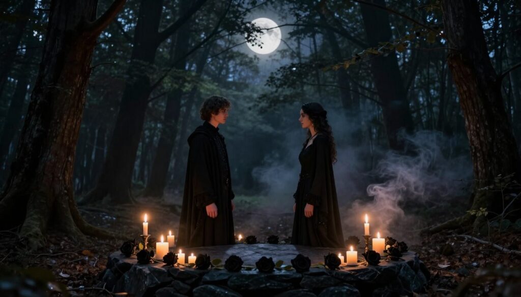 A mystical scene depicting a "black wedding" ritual in a dimly lit forest clearing. In the foreground, a circular altar made of dark stones adorned with candles and black roses. Two solemn figures, dressed in elegant black attire, stand facing each other, their expressions serious and focused. The middle ground features tall, shadowy trees that create an enveloping atmosphere. Soft wisps of smoke curl around the altar, illuminated by flickering candlelight. In the background, a full moon shines through the branches, casting an ethereal glow. The overall mood is mysterious and somber, capturing the essence of black magic rituals with a feeling of gravity and reverence. A mystical scene depicting a "black wedding" ritual in a dimly lit forest clearing. In the foreground, a circular altar made of dark stones adorned with candles and black roses. Two solemn figures, dressed in elegant black attire, stand facing each other, their expressions serious and focused. The middle ground features tall, shadowy trees that create an enveloping atmosphere. Soft wisps of smoke curl around the altar, illuminated by flickering candlelight. In the background, a full moon shines through the branches, casting an ethereal glow. The overall mood is mysterious and somber, capturing the essence of black magic rituals with a feeling of gravity and reverence.