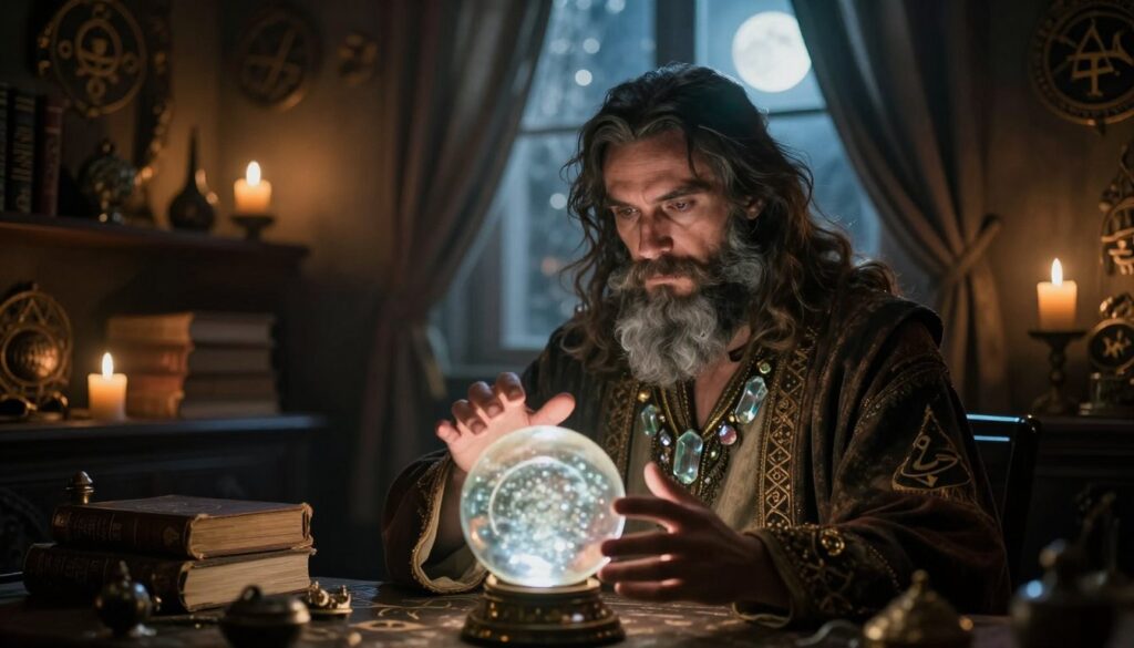 A mystical scene depicting a fortune teller, Jasnowidz Nazar, in a dimly lit room filled with esoteric symbols. In the foreground, a wise-looking man with a long beard, wearing a traditional robe and crystals adorning his neck, gazes into a glowing crystal ball, his expression contemplative and mysterious. The middle ground features shelves lined with ancient books and artifacts, softly illuminated by flickering candles casting dancing shadows. In the background, large windows adorned with heavy curtains allow moonlight to filter through, enhancing the ethereal atmosphere. The overall mood is contemplative and intriguing, inviting viewers to ponder the predictions and their significance, while emphasizing a sense of intrigue and wonder. The lens captures a warm, slightly blurred focus to evoke a dreamlike quality. A mystical scene depicting a fortune teller, Jasnowidz Nazar, in a dimly lit room filled with esoteric symbols. In the foreground, a wise-looking man with a long beard, wearing a traditional robe and crystals adorning his neck, gazes into a glowing crystal ball, his expression contemplative and mysterious. The middle ground features shelves lined with ancient books and artifacts, softly illuminated by flickering candles casting dancing shadows. In the background, large windows adorned with heavy curtains allow moonlight to filter through, enhancing the ethereal atmosphere. The overall mood is contemplative and intriguing, inviting viewers to ponder the predictions and their significance, while emphasizing a sense of intrigue and wonder. The lens captures a warm, slightly blurred focus to evoke a dreamlike quality.