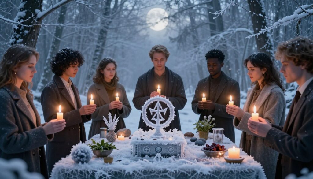 A mystical scene depicting a "freezer spell" ritual. In the foreground, a diverse group of individuals in professional attire gathers around a small, ornate altar covered with ice crystals and symbols of protection. Their expressions show focused intent as they hold candles casting a warm glow amidst the cold surroundings. In the middle ground, there are various ritual items, including herbs and stones, placed neatly around the altar, each item frozen in intricate patterns of frost. The background features an ethereal, snowy forest illuminated by soft, silvery moonlight, adding a serene yet powerful atmosphere. The overall mood is one of solemnity and purpose, blending the themes of magic and nature harmoniously. The composition should be shot at eye-level to create an intimate feel, with a soft focus effect to highlight the icy details.