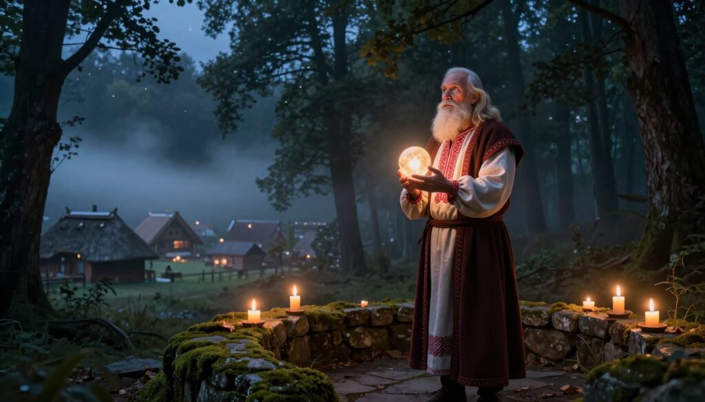 A mystical scene depicting a wise old man in traditional Polish clothing, holding a glowing orb, symbolizing prophecies. In the foreground, he stands on an ancient stone platform covered in moss, surrounded by flickering candles that cast a warm light. In the middle ground, a dense, dark forest looms, shrouded in mist, creating an aura of mystery. The background features a distant view of a village with thatched roofs beneath a twilight sky, illuminated by stars. The atmosphere is contemplative and reverent, focusing on the themes of uncertainty and belief. Use soft, diffused lighting to emphasize the man's expression of deep thought, shot with a slight upward angle to imbue the scene with a sense of grandeur and significance.