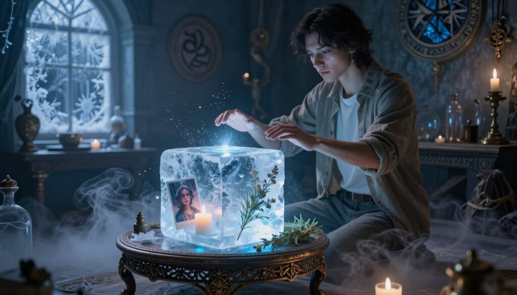A mystical scene depicting the concept of "freezer spell" in a practitioner's workspace. In the foreground, a small ornate table holds a large, shimmering ice cube, encapsulating various symbolic items such as a photograph, candles, and herbs, all representing frozen energies. The middle ground features a focused practitioner, wearing modest casual attire, casting a gentle glow of blue light towards the ice cube with their hands, emphasizing concentration. In the background, a dimly lit room adorned with mystical symbols and frost-covered windows creates an enchanting atmosphere. Soft, ethereal lighting accentuates the magical elements, while wisps of mist rise around the table, adding to the otherworldly mood. The angle is slightly elevated, capturing both the practitioner and the intricate details of the spell, inviting viewers into a world of ritual and transformation.
