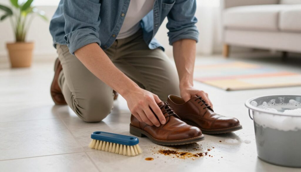 A person in casual yet tidy clothing, kneeling down on a clean, modern tile floor, carefully cleaning a pair of brown leather shoes that have stepped in pet waste. The foreground shows a shoe brush and a small bucket of soapy water nearby. In the middle ground, the person's focused expression highlights their diligence in this task. The background features a bright, sunlit home environment, with a potted plant and a colorful rug, helping to create a warm and inviting atmosphere. Soft, diffuse lighting illuminates the scene, emphasizing the cleanliness of the setting. The overall mood is practical and methodical, illustrating the importance of keeping a home clean. A person in casual yet tidy clothing, kneeling down on a clean, modern tile floor, carefully cleaning a pair of brown leather shoes that have stepped in pet waste. The foreground shows a shoe brush and a small bucket of soapy water nearby. In the middle ground, the person's focused expression highlights their diligence in this task. The background features a bright, sunlit home environment, with a potted plant and a colorful rug, helping to create a warm and inviting atmosphere. Soft, diffuse lighting illuminates the scene, emphasizing the cleanliness of the setting. The overall mood is practical and methodical, illustrating the importance of keeping a home clean.