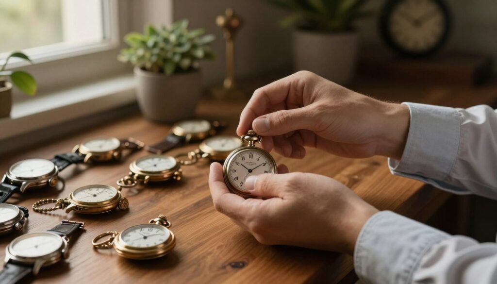 A polished wooden table filled with various traditional watches, showcasing a delicate pocket watch prominently in the foreground. A person gently holds a watch, flipping it upside down as a symbolic act of reversing a superstition, their hand dressed in a simple yet elegant cuffed shirt. The background features a softly lit room with warm ambient light filtering through a window, casting gentle shadows. A few potted plants can be seen, adding a touch of greenery. The mood is contemplative and serene, suggesting a moment of reflection and positive energy. The camera angle is slightly above the table, focusing on the interaction with the watch while capturing the warmth of the setting. The overall atmosphere conveys hope and renewal, highlighting the theme of overcoming tradition.