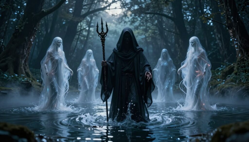 A powerful representation of "Triple Death," illustrating an enigmatic figure cloaked in dark robes, standing at the center of a mystical water ritual. In the foreground, the figure holds a three-pronged staff symbolizing the concept of death, with water swirling around their feet, reflecting a haunting light. The middle layer features ethereal spirits rising from the water, representing purification and transformation, their forms slightly transparent and glowing in shades of blue and silver. The background showcases a dense, shadowy forest with moonlight filtering through the branches, casting an eerie yet serene atmosphere. Soft mist floats above the ground to enhance the mystical feel, while subtle highlights and shadows create depth. The overall mood is darkly enchanting, invoking both fear and fascination. The scene captures the duality of death and cleansing through water, urging viewers to reflect on the symbolism inherent in the ritual. A powerful representation of "Triple Death," illustrating an enigmatic figure cloaked in dark robes, standing at the center of a mystical water ritual. In the foreground, the figure holds a three-pronged staff symbolizing the concept of death, with water swirling around their feet, reflecting a haunting light. The middle layer features ethereal spirits rising from the water, representing purification and transformation, their forms slightly transparent and glowing in shades of blue and silver. The background showcases a dense, shadowy forest with moonlight filtering through the branches, casting an eerie yet serene atmosphere. Soft mist floats above the ground to enhance the mystical feel, while subtle highlights and shadows create depth. The overall mood is darkly enchanting, invoking both fear and fascination. The scene captures the duality of death and cleansing through water, urging viewers to reflect on the symbolism inherent in the ritual.