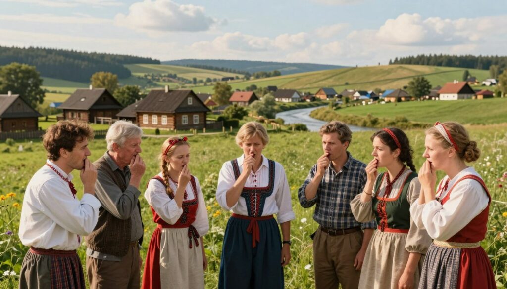 A serene Polish village scene depicting various cultural beliefs surrounding the phenomenon of hiccups, or "czkawka." In the foreground, a group of diverse people dressed in traditional and modest casual attire, engaged in animated discussion while experiencing a humorous moment of hiccups. The middle layer features typical Polish countryside elements—charming wooden houses, a lush green field, and a winding river. In the background, gentle rolling hills under a soft blue sky with fluffy clouds. The lighting is warm and inviting, casting a nostalgic glow on the scene, evoking a sense of community and shared traditions. The overall mood is light-hearted and whimsical, capturing the essence of regional differences in interpreting hiccups across Poland.