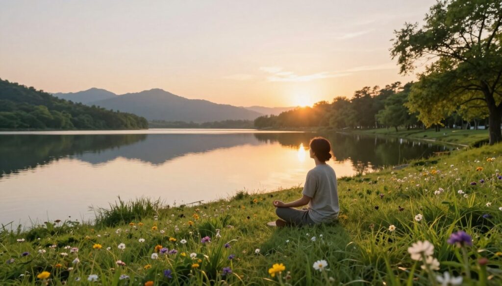 A serene and calming scene depicting a tranquil nature setting, with a soft, glowing sunrise casting warm golden light over a peaceful lakeside. In the foreground, a meditative figure, dressed in modest casual clothing, sits cross-legged on a gently rolling grassy hill, surrounded by blooming wildflowers, embodying a sense of peace and gratitude. The middle ground features the still lake reflecting the colorful sky and distant mountains, creating a harmonious connection with nature. The background showcases lush trees swaying softly in a gentle breeze, adding to the serene atmosphere. The overall mood is one of calmness, positivity, and introspection, inviting viewers to reflect on affirmations like peace, value, joy, and gratitude. The image should be bright and uplifting, with a focus on natural beauty and tranquility.