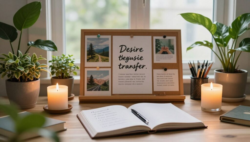 A serene and inspiring workspace filled with subtle elements symbolizing desire manifestation techniques. In the foreground, a beautifully arranged desk with a journal open to a page filled with affirmations, a pen poised elegantly, and a burning candle casting warm light. In the middle, a vision board featuring serene imagery and positive quotes, surrounded by lush green plants symbolizing growth and positivity. In the background, soft natural light filters through large windows, illuminating the space and creating a calming atmosphere. The overall mood is one of tranquility and focus, evoking a sense of purpose and clarity, perfect for inspiring the practice of subconscious desire transfer. A serene and inspiring workspace filled with subtle elements symbolizing desire manifestation techniques. In the foreground, a beautifully arranged desk with a journal open to a page filled with affirmations, a pen poised elegantly, and a burning candle casting warm light. In the middle, a vision board featuring serene imagery and positive quotes, surrounded by lush green plants symbolizing growth and positivity. In the background, soft natural light filters through large windows, illuminating the space and creating a calming atmosphere. The overall mood is one of tranquility and focus, evoking a sense of purpose and clarity, perfect for inspiring the practice of subconscious desire transfer.
