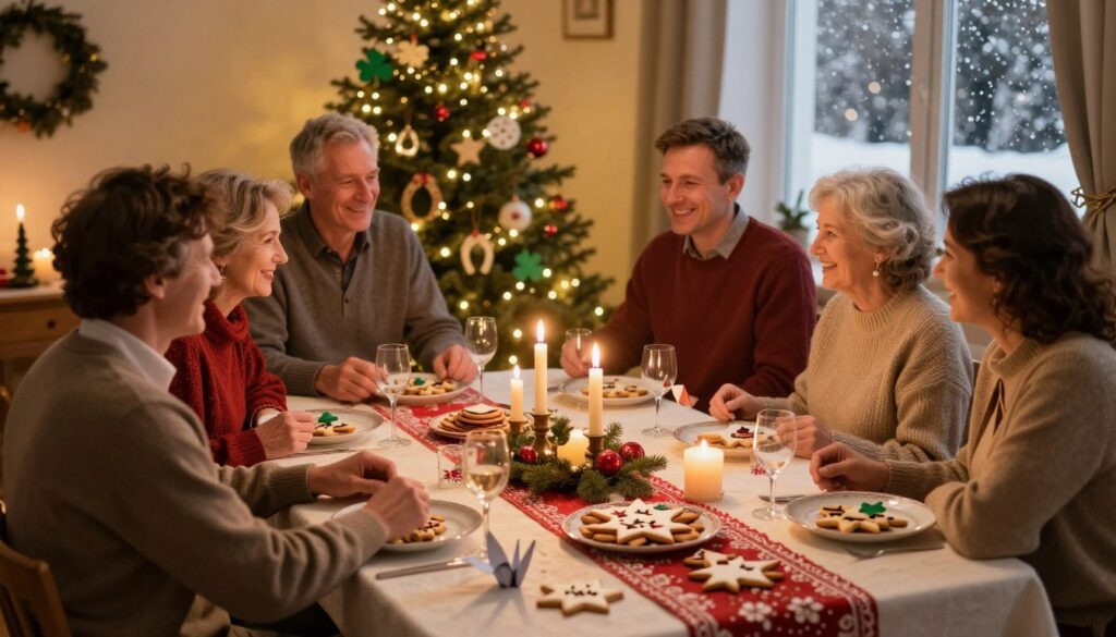 A serene and inviting scene representing "znaki szczęścia," capturing the essence of holiday traditions. In the foreground, a beautifully arranged table adorned with traditional Polish festive decorations, including symbolic elements like cookies shaped as stars and delicate paper cranes. In the middle, a warm gathering of diverse guests in modest casual clothing, joyfully sharing stories and laughter, surrounded by flickering candlelight, which creates a cozy atmosphere. In the background, a softly lit tree with ornaments resembling symbols of luck, like four-leaf clovers and horseshoes, and a window showing a gentle snowfall outside, enhancing the wintry ambiance. The scene is bathed in golden, warm lighting to evoke a sense of happiness and togetherness, photographed from a slightly elevated angle for a comprehensive view.