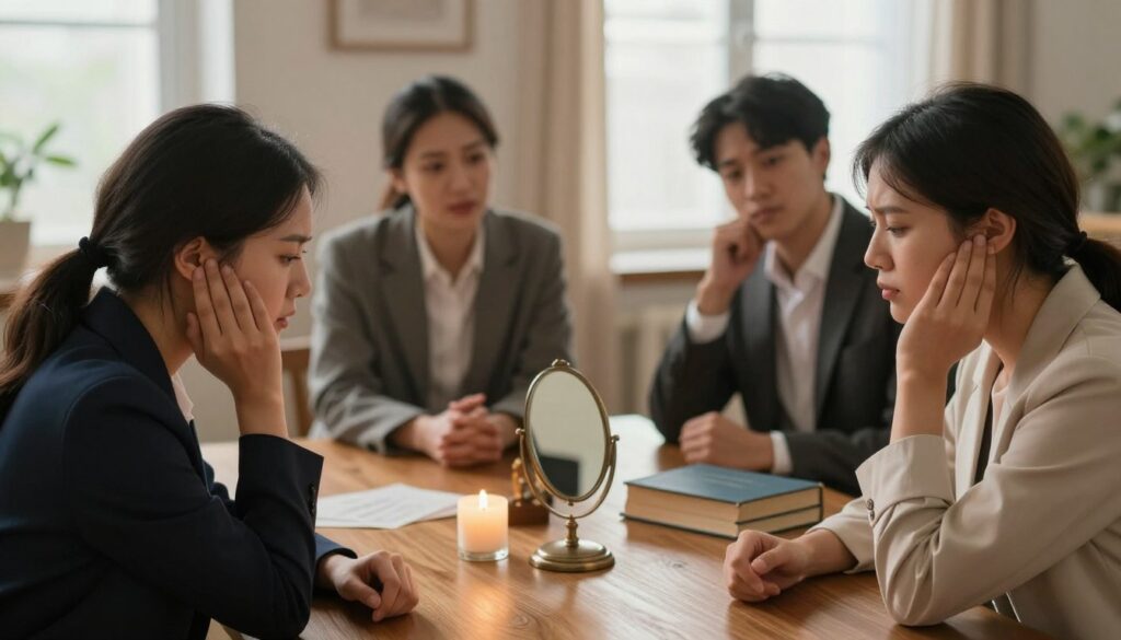 A serene and thoughtful scene illustrating the concept of interpreting ear burning in the context of life and relationships. In the foreground, a diverse group of three individuals in professional attire, engaging in a deep discussion, their expressions reflecting curiosity and contemplation. In the middle ground, a wooden table adorned with symbolic items like a burning candle, a small mirror, and books on folklore and relationships, emphasizing the theme of interpretation and belief. The background features a softly lit room with warm, inviting colors, delicate light filtering through a window, creating a calming atmosphere. The angle is slightly above eye level, capturing both the participants and the meaningful objects around them, encouraging a mood of reflection and understanding. A serene and thoughtful scene illustrating the concept of interpreting ear burning in the context of life and relationships. In the foreground, a diverse group of three individuals in professional attire, engaging in a deep discussion, their expressions reflecting curiosity and contemplation. In the middle ground, a wooden table adorned with symbolic items like a burning candle, a small mirror, and books on folklore and relationships, emphasizing the theme of interpretation and belief. The background features a softly lit room with warm, inviting colors, delicate light filtering through a window, creating a calming atmosphere. The angle is slightly above eye level, capturing both the participants and the meaningful objects around them, encouraging a mood of reflection and understanding.