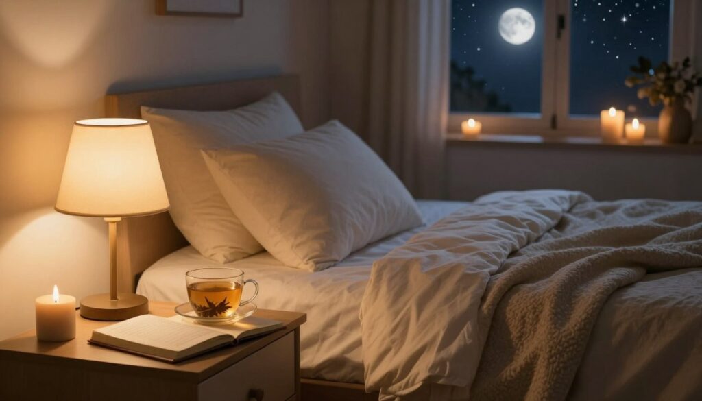 A serene bedroom environment at night, softly illuminated by warm, golden light emanating from a bedside lamp. In the foreground, a well-arranged nightstand holds a closed journal and a calming herbal tea, symbolizing tranquility. In the middle, a cozy bed with fluffy pillows and a soothing blanket invites relaxation, surrounded by delicate candles that flicker gently. In the background, a window reveals a starry night sky, with moonlight casting a gentle glow into the room. The overall mood is calm and introspective, evoking a sense of peace and reflection. The angle captures the essence of a nighttime ritual, focusing on the comforting atmosphere that enhances bedtime affirmations.