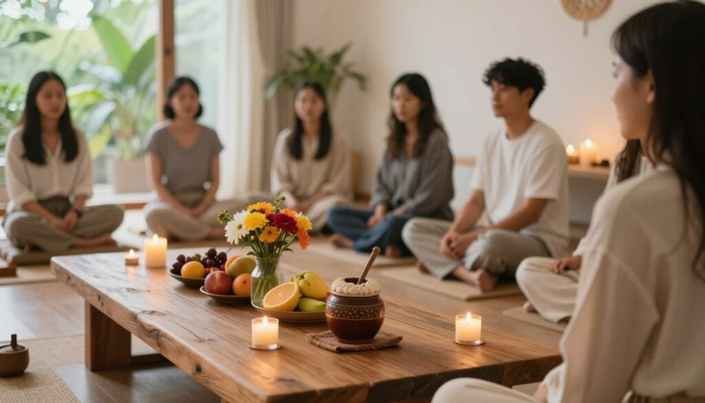 A serene cacao ceremony setting in a cozy, well-lit room. In the foreground, a rustic wooden table adorned with a beautifully arranged cacao pot, colorful fruits, and vibrant flowers. Candles softly illuminate the space, casting warm, inviting light. In the middle ground, a group of individuals in modest casual attire, engaged in a moment of shared intention, their expressions calm and focused. In the background, gentle greenery and soft drapes create a tranquil atmosphere. The overall mood is peaceful and harmonious, emphasizing connection and mindfulness. The perspective captures the essence of intimacy and sacredness in the cacao ritual, inviting viewers into the serene ambiance of the ceremony. A serene cacao ceremony setting in a cozy, well-lit room. In the foreground, a rustic wooden table adorned with a beautifully arranged cacao pot, colorful fruits, and vibrant flowers. Candles softly illuminate the space, casting warm, inviting light. In the middle ground, a group of individuals in modest casual attire, engaged in a moment of shared intention, their expressions calm and focused. In the background, gentle greenery and soft drapes create a tranquil atmosphere. The overall mood is peaceful and harmonious, emphasizing connection and mindfulness. The perspective captures the essence of intimacy and sacredness in the cacao ritual, inviting viewers into the serene ambiance of the ceremony.