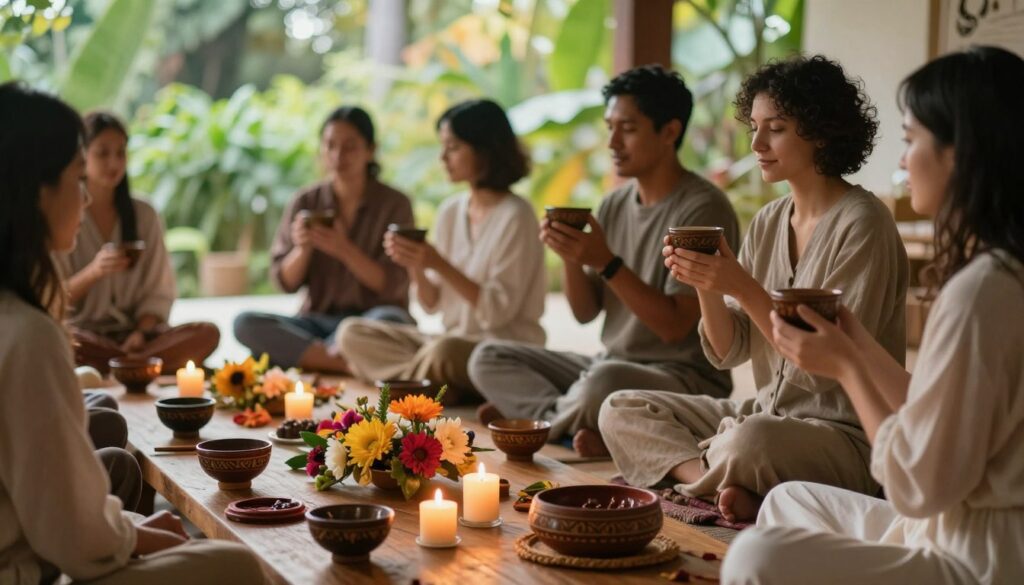 A serene cocoa ceremony scene set in a tranquil, softly lit environment. In the foreground, a wooden table is adorned with traditional cacao bowls, vibrant floral decorations, and small candles flickering gently, casting warm light. In the middle, a diverse group of individuals, dressed in modest, earth-toned garments, participate in the ritual, holding cacao cups and engaged in quiet conversation. Their expressions reflect peace and connection. In the background, lush greenery peeks through an open space, hinting at a natural setting, with soft sunlight filtering through trees, creating dappled shadows. The atmosphere is calm and inviting, encouraging a sense of community and mindfulness. The composition should be captured with a shallow depth of field, focusing on the ceremony’s details while softly blurring the surroundings. A serene cocoa ceremony scene set in a tranquil, softly lit environment. In the foreground, a wooden table is adorned with traditional cacao bowls, vibrant floral decorations, and small candles flickering gently, casting warm light. In the middle, a diverse group of individuals, dressed in modest, earth-toned garments, participate in the ritual, holding cacao cups and engaged in quiet conversation. Their expressions reflect peace and connection. In the background, lush greenery peeks through an open space, hinting at a natural setting, with soft sunlight filtering through trees, creating dappled shadows. The atmosphere is calm and inviting, encouraging a sense of community and mindfulness. The composition should be captured with a shallow depth of field, focusing on the ceremony’s details while softly blurring the surroundings.