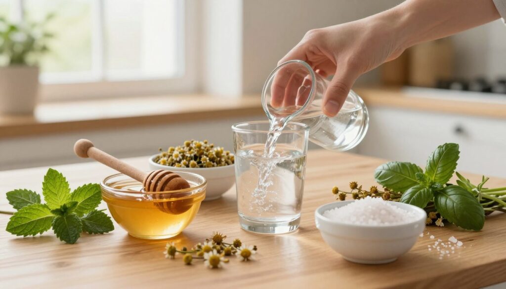A serene kitchen setting bathed in soft, natural light, showcasing a wooden table laden with various natural remedies for a tongue rash. In the foreground, there are bowls filled with honey, chamomile, and salt, arranged with care, creating an inviting atmosphere. Fresh herbs like mint and basil are scattered around, adding vibrant green hues. In the middle, a gentle hand is seen pouring warm water into a glass, symbolizing a soothing remedy in action. The background features a window with soft curtains, letting in diffused sunlight, enhancing the calm and healing mood. The overall composition evokes a sense of comfort and home remedies, encouraging a feeling of hope and relief. The image should have a warm color palette, with a focus on organic textures.