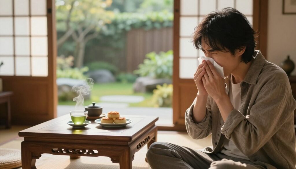 A serene morning scene in a cozy Asian living room, capturing the essence of the early day. In the foreground, a person in modest casual clothing is gently sneezing, their expression a blend of surprise and humor. The middle ground features an intricately designed wooden table with steaming green tea and traditional pastries, symbolizing morning rituals. The background showcases a lush garden visible through a rice-paper window, with soft morning light filtering in, creating a warm ambiance. The camera angle is slightly above eye-level, enhancing the connection between the viewer and the intimate moment. The mood is peaceful and reflective, evoking a sense of cultural significance tied to sneezing beliefs in Asian traditions. A serene morning scene in a cozy Asian living room, capturing the essence of the early day. In the foreground, a person in modest casual clothing is gently sneezing, their expression a blend of surprise and humor. The middle ground features an intricately designed wooden table with steaming green tea and traditional pastries, symbolizing morning rituals. The background showcases a lush garden visible through a rice-paper window, with soft morning light filtering in, creating a warm ambiance. The camera angle is slightly above eye-level, enhancing the connection between the viewer and the intimate moment. The mood is peaceful and reflective, evoking a sense of cultural significance tied to sneezing beliefs in Asian traditions.