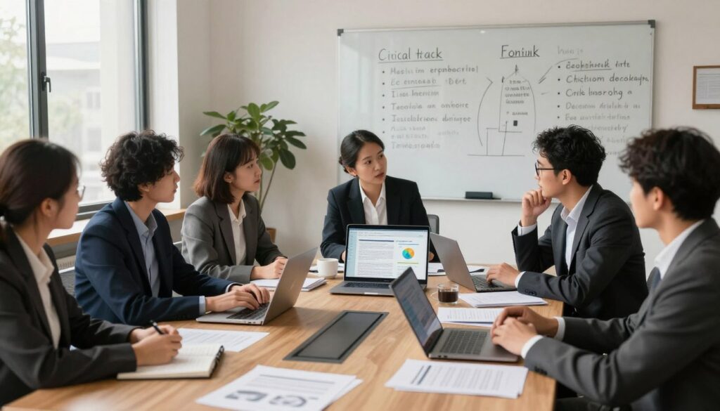 A serene office environment filled with soft, natural light filtering through large windows. In the foreground, a diverse group of professionals, dressed in smart business attire, are gathered around a large conference table covered with papers, laptops, and digital devices, deeply engaged in discussion. The middle ground features an open laptop displaying articles and data visualizations relevant to verifying predictions and combating misinformation, while a large, clear whiteboard in the background illustrates bullet points and keywords about critical thinking and fact-checking methods. The atmosphere is focused and collaborative, conveying a sense of urgency and dedication to understanding and verifying information accurately. The color palette is warm and inviting, enhancing the mood of productive dialogue. A serene office environment filled with soft, natural light filtering through large windows. In the foreground, a diverse group of professionals, dressed in smart business attire, are gathered around a large conference table covered with papers, laptops, and digital devices, deeply engaged in discussion. The middle ground features an open laptop displaying articles and data visualizations relevant to verifying predictions and combating misinformation, while a large, clear whiteboard in the background illustrates bullet points and keywords about critical thinking and fact-checking methods. The atmosphere is focused and collaborative, conveying a sense of urgency and dedication to understanding and verifying information accurately. The color palette is warm and inviting, enhancing the mood of productive dialogue.