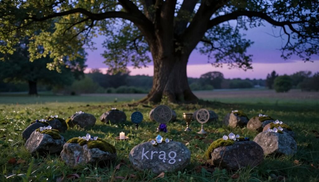 A serene outdoor setting for a Wiccan ritual, focusing on a circular formation made of stones in the foreground, symbolizing the "krąg." Each stone is adorned with delicate moss and small crystals catching the soft natural light. In the middle ground, ancient trees provide a lush backdrop, their branches gently swaying in a light breeze, allowing dappled sunlight to filter through. A few symbolic ritual tools, such as a candle, chalice, and pentacle, are subtly arranged near the circle, hinting at the elements used in the ceremony. In the background, a twilight sky is painted in hues of deep blue and soft purple, creating a mystical atmosphere. The overall mood is peaceful and reverent, inviting viewers to connect with the spiritual essence of Wicca. A serene outdoor setting for a Wiccan ritual, focusing on a circular formation made of stones in the foreground, symbolizing the "krąg." Each stone is adorned with delicate moss and small crystals catching the soft natural light. In the middle ground, ancient trees provide a lush backdrop, their branches gently swaying in a light breeze, allowing dappled sunlight to filter through. A few symbolic ritual tools, such as a candle, chalice, and pentacle, are subtly arranged near the circle, hinting at the elements used in the ceremony. In the background, a twilight sky is painted in hues of deep blue and soft purple, creating a mystical atmosphere. The overall mood is peaceful and reverent, inviting viewers to connect with the spiritual essence of Wicca.