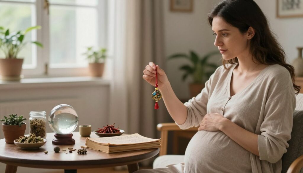 A serene scene depicting a pregnant woman in a cozy home setting, surrounded by various cultural symbols representing common pregnancy superstitions. In the foreground, the woman, dressed in a modest and stylish maternity outfit, thoughtfully examines a traditional charm or talisman. In the middle, a table is adorned with objects like a crystal ball, herbal remedies, and folklore books, symbolizing various beliefs and practices. In the background, soft natural light filters through a window, creating a warm and inviting atmosphere, with gentle shadows enhancing the tranquility of the scene. The mood is one of contemplation and curiosity, exploring the intersection of myth, tradition, and sensible caution in pregnancy.