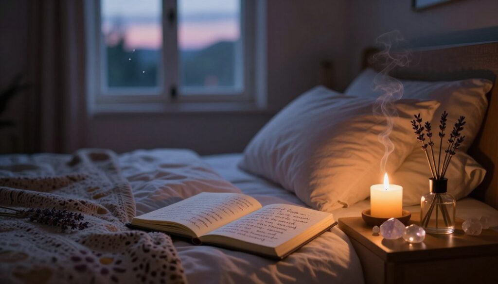 A serene, tranquil bedroom scene at dusk, softly illuminated by warm, ambient candlelight. In the foreground, a comfortable bed with plush pillows and a cozy, decorative throw, inviting relaxation. On the bedside table, a small journal opened with beautiful handwritten affirmations, surrounded by delicate crystals and a calming essential oil diffuser releasing subtle wisps of lavender-scented mist. In the middle ground, a window shows the twilight sky, hinting at stars beginning to twinkle. The background features soft, muted tones on the walls, creating a peaceful atmosphere. The overall mood suggests calmness and serenity, ideal for a pre-sleep ritual, with gentle shadows for depth and warmth. The scene is shot with a slight depth of field effect, focusing on the affirmations and dimming surroundings.