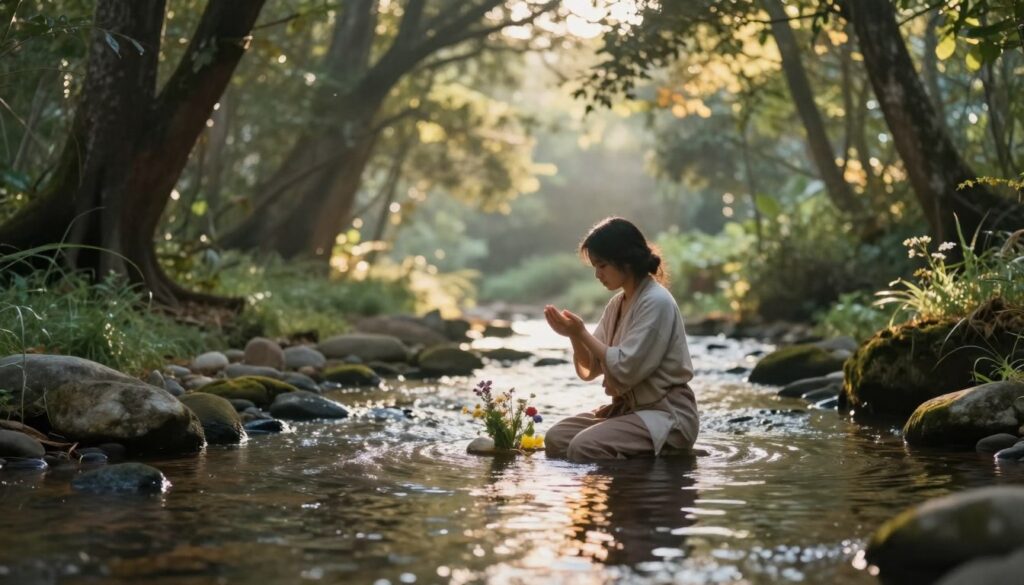 A serene water ritual scene, set in a lush, tranquil forest glade at dawn. In the foreground, a gracefully flowing stream reflects the first light of day, with smooth stones lining its edge. A figure dressed in modest, traditional attire stands knee-deep in the water, hands raised in an offering gesture, surrounded by delicate flowers and aromatic herbs. In the middle ground, ancient trees provide dappled sunlight, casting gentle shadows on the water. The background features softly blurred foliage, enhancing the sense of tranquility and connection to nature. The atmosphere is peaceful and contemplative, with soft, warm lighting that evokes a sense of spiritual awakening and purification. Capture this moment with a shallow depth of field to emphasize the figure and the water, creating an intimate and engaging composition. A serene water ritual scene, set in a lush, tranquil forest glade at dawn. In the foreground, a gracefully flowing stream reflects the first light of day, with smooth stones lining its edge. A figure dressed in modest, traditional attire stands knee-deep in the water, hands raised in an offering gesture, surrounded by delicate flowers and aromatic herbs. In the middle ground, ancient trees provide dappled sunlight, casting gentle shadows on the water. The background features softly blurred foliage, enhancing the sense of tranquility and connection to nature. The atmosphere is peaceful and contemplative, with soft, warm lighting that evokes a sense of spiritual awakening and purification. Capture this moment with a shallow depth of field to emphasize the figure and the water, creating an intimate and engaging composition.