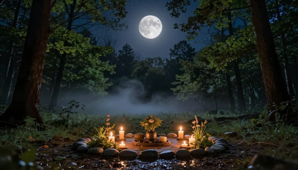 A serene woodland scene illuminated by the soft, silvery light of a full moon high in a starry sky. In the foreground, a circular altar adorned with natural elements: smooth stones, fresh herbs, and candles flickering gently in the cool night breeze, reflecting the essence of a moon ritual. The middle ground features a tranquil clearing surrounded by tall trees, their leaves rustling softly. Ethereal mist gently blankets the ground, enhancing the mystical atmosphere. The background consists of a dark, starry night sky with a luminous moon casting its glow over the scene, setting a peaceful and contemplative mood. The overall lighting is soft and enchanting, evoking a sense of connection to nature and spirituality.