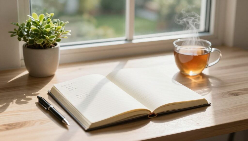 A serene workspace, featuring an elegantly organized desk with a beautifully bound journal open to a fresh page inviting daily affirmations. Soft natural light streams through a nearby window, casting gentle shadows across a simple yet stylish plant and a steaming mug of tea, enhancing the cozy atmosphere. In the background, a calming view of a peaceful garden can be seen, adding a sense of tranquility. The composition should focus on the desk area in the foreground, with a warm, inviting color palette that promotes creativity and mindfulness. A thoughtful arrangement of stationery, including a sleek pen, should be present, emphasizing the ritual of journaling. The angle should be slightly elevated, providing a clear view of the journal and the context of the space, evoking inspiration and dedication to the practice of daily affirmations.